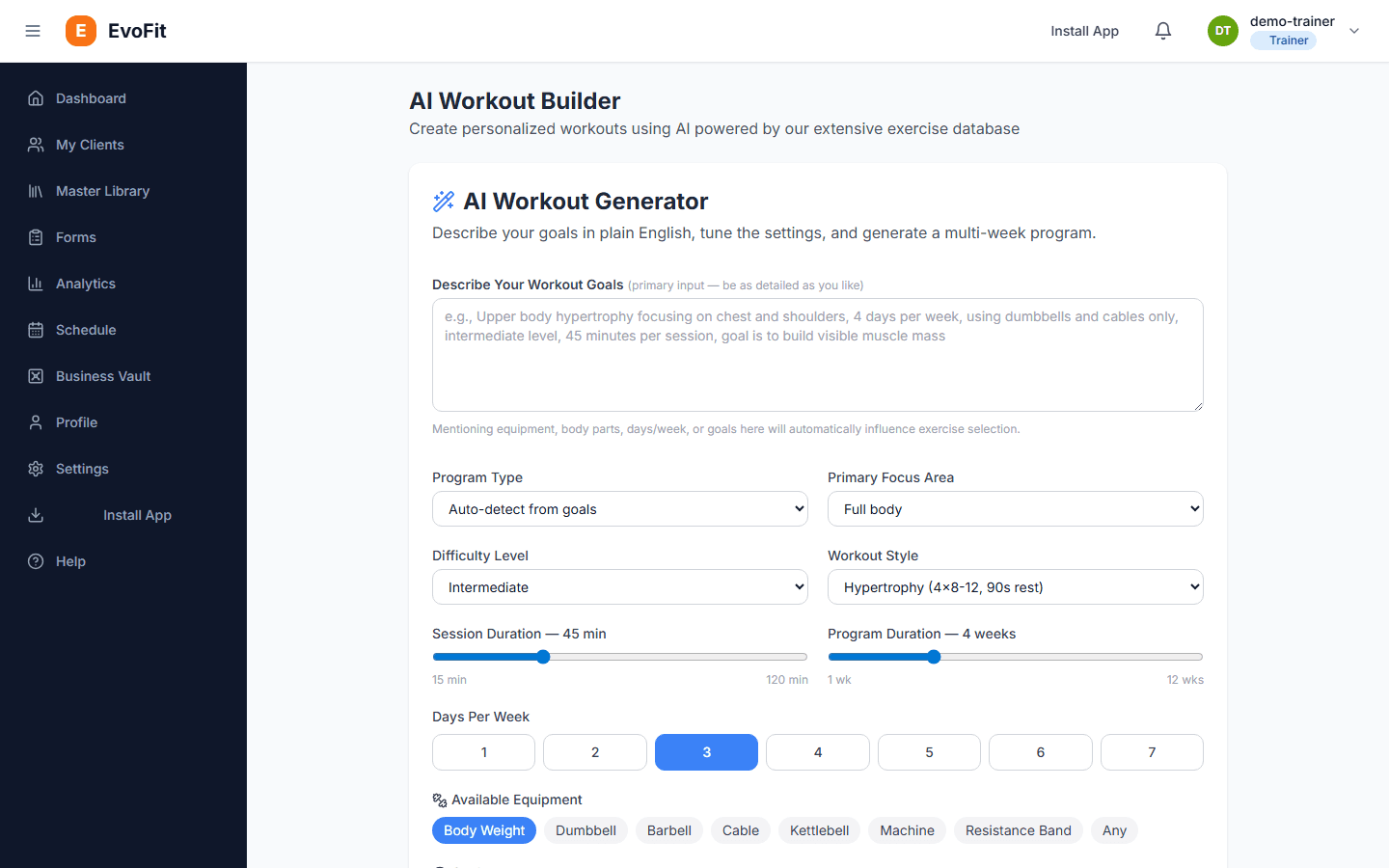 EvoFit workout builder generating a full program