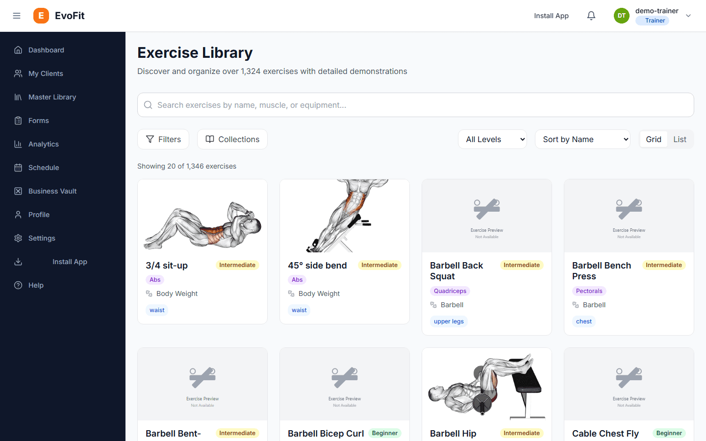 EvoFit exercise library with GIF demonstrations