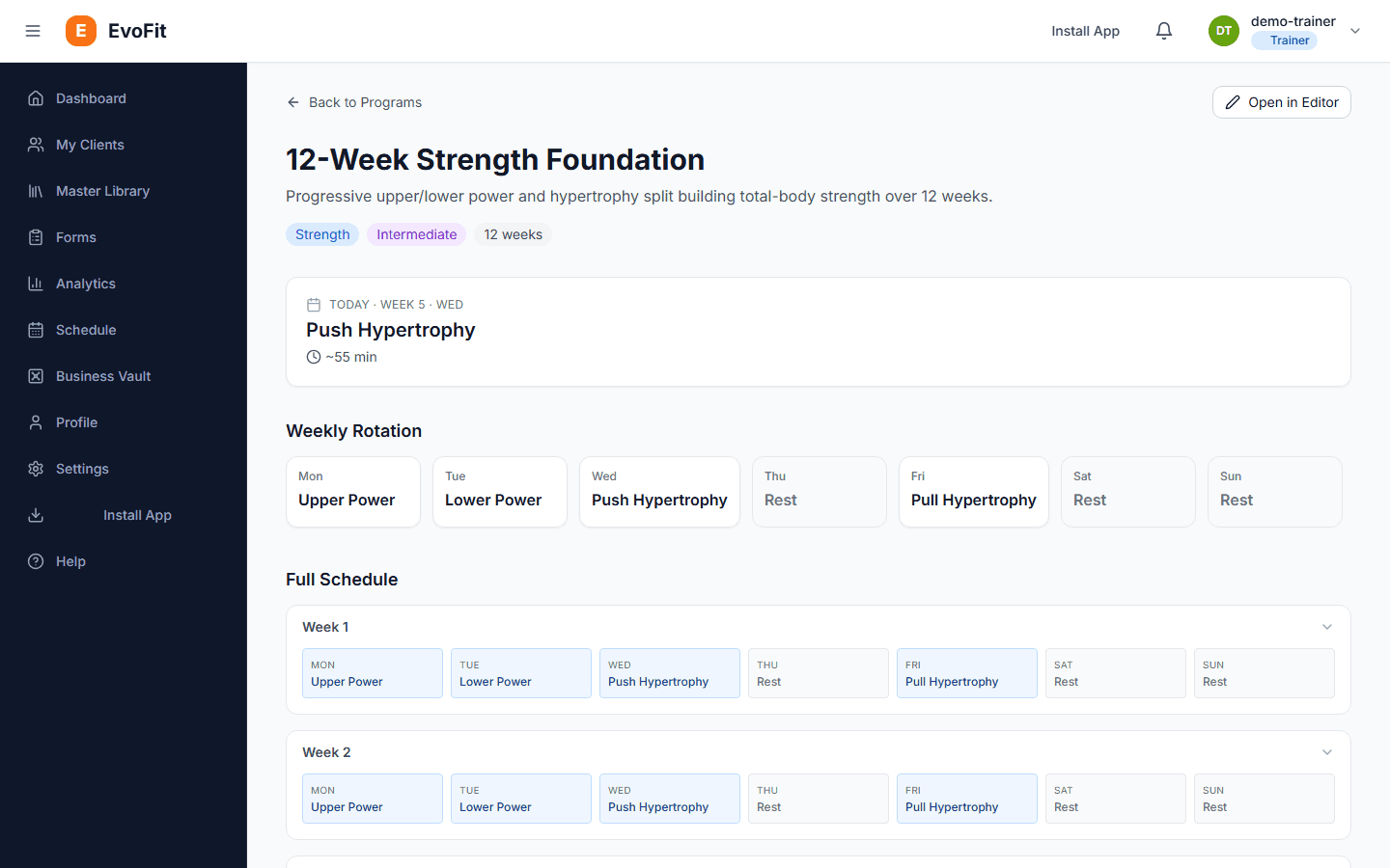 EvoFit program builder with set types, RPE and supersets
