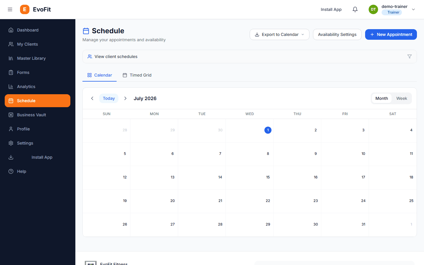 EvoFit scheduling calendar with sessions and iCal sync