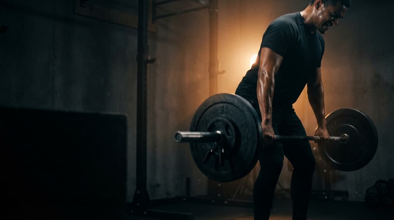 Athlete mid-rep with heavy barbell in a dramatic dark home gym lit by a single warm accent light