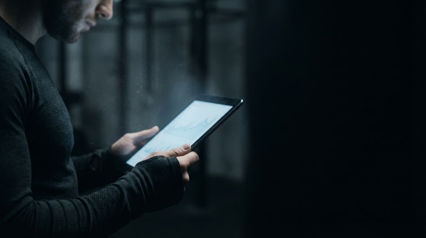 Close-up of a glowing analytics tablet in a dim gym at night