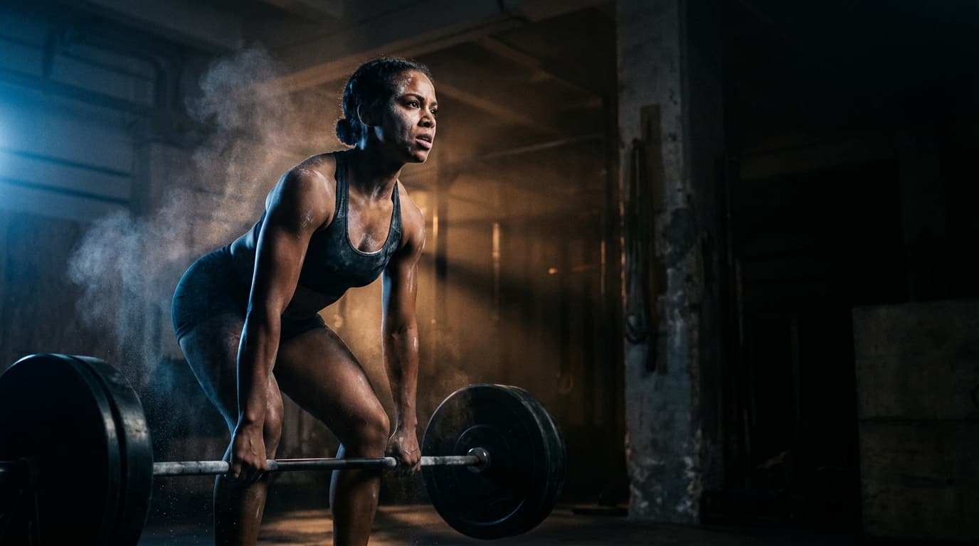 Athlete mid-deadlift with chalk dust and rim lighting in a dark industrial gym