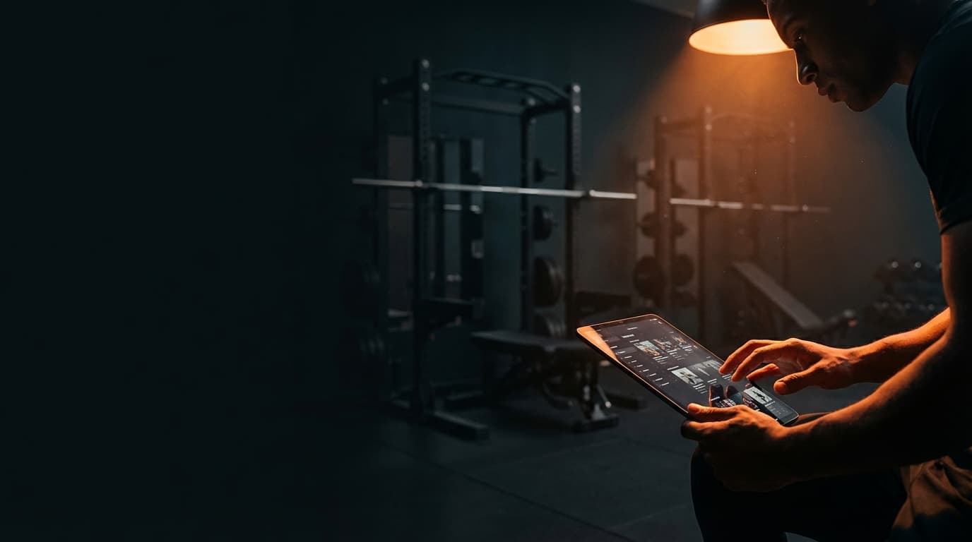 Personal trainer designing a workout program on a tablet in a premium dark gym