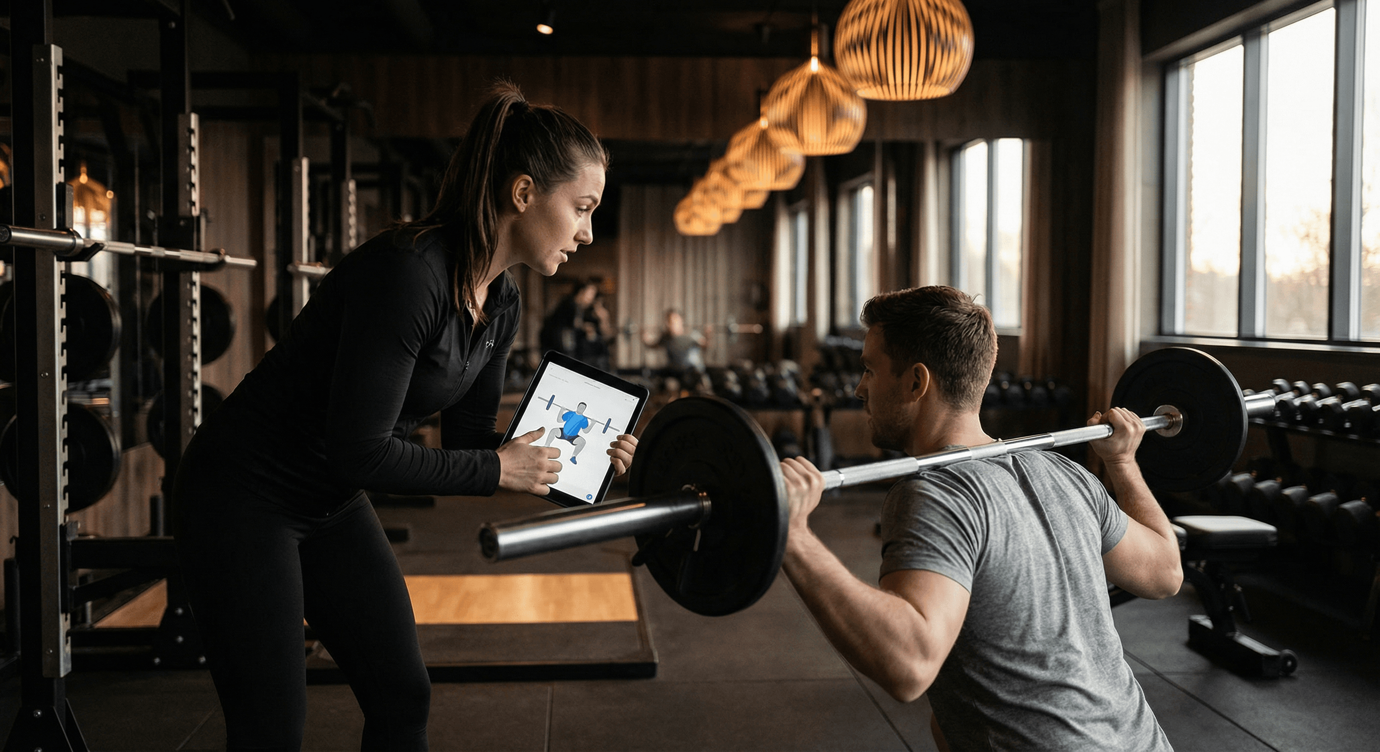 Personal trainer working with client in modern gym