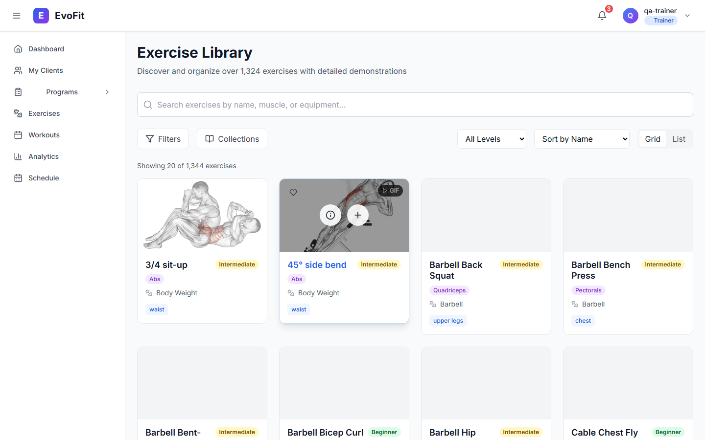 Exercise Library — 1,344 exercises with animated GIF demonstrations